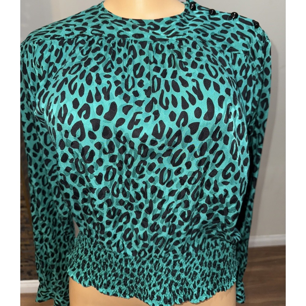 Carlisle 100% Silk‎ Long Sleeve Blouse Size 6 Green/Black.  Vintage